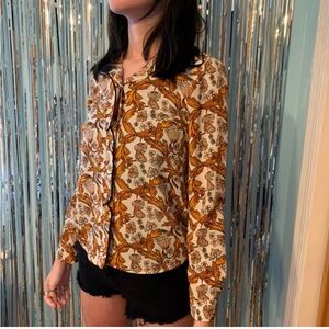 Topshop Orange and Cream Floral Vintage Blouse - 8
